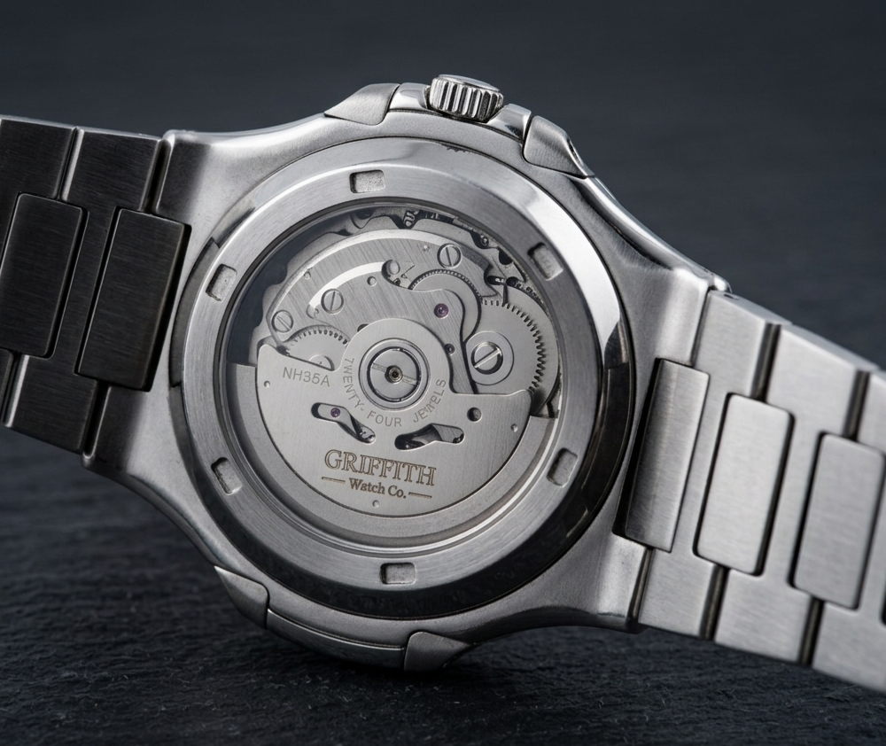 Close-up of a silver watch with visible brand name on a dark background
